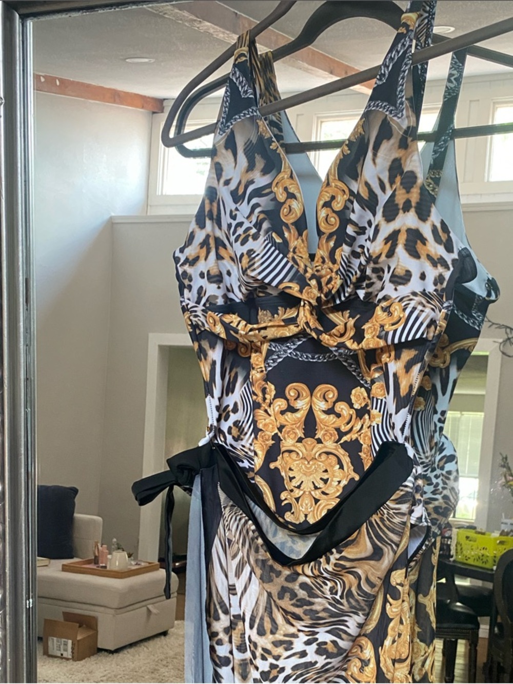 Black & Gold Animal-Print One-Piece Swimsuit with cover up